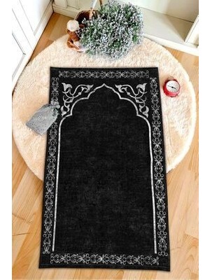 Aymira Home Dekoratif Dijital Baskılı Siyah Kaymaz Taban Seccade Namazlık 75X120