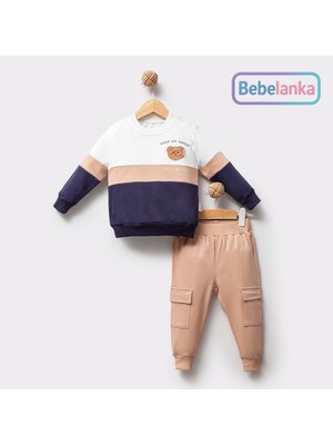 Lovemaxx Erkek Çocuk Bej Renk Bloklu Ayıcık Desenli Sweatshirt ve Kargo Eşofman Takımı