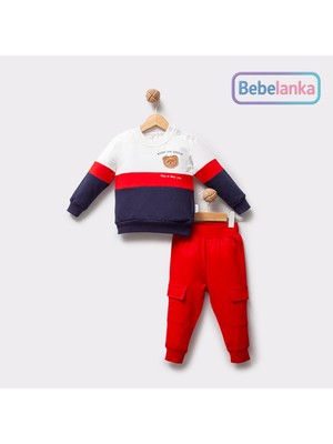 Lovemaxx Erkek Çocuk Kırmızı Renk Bloklu Ayıcık Desenli Kargo Eşofman Takımı