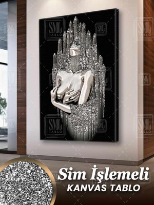 SML Tablo Simli Metal Gümüş Nü Model Pırıltılı Metal Görünümlü Kadın Sim Işlemeli Dikey Kanvas Tablo