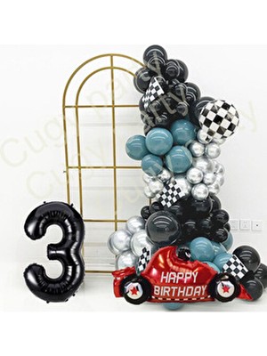 Cugy 3 Yaş Doğum Günü Parti Kutlama Seti Mavi Gümüş Siyah Renklerde Yarış Araba Temalı