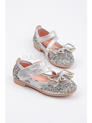 Papuccum Kız Çocuk Gümüş Taşlı Fiyonklu Babet Tekstil Malzemeden Düz Tabanlı Şık Ayakkabı