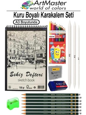 ArtMaster A3 Eskiz Defteri 50 Yaprak Spiralli Kuru Boya Fatih Dereceli Kalem Karakalem Seti Hamur Silgi Gölgelendirme Kalemi
