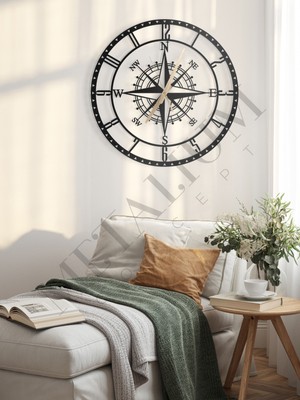 Empressco Şık Siyah Metal Duvar Saati, Pusula Temalı, 45X45CM, Sessiz Tasarım