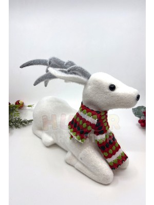 Empressco Beyaz Büyük Oturan Geyik Dekor 30X22 Cm, Yılbaşı Temalı, Süet Detaylı