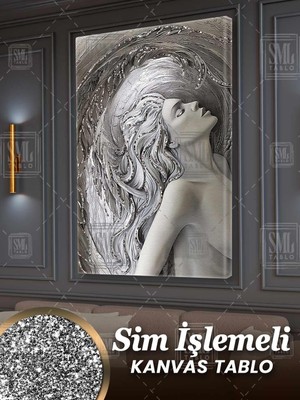 SML Tablo Sim Işlemeli Gözleri Kapalı Uzun Saçlı Mermer Kadın Nü Woman Dekor Simli Dikey Kanvas Tablo