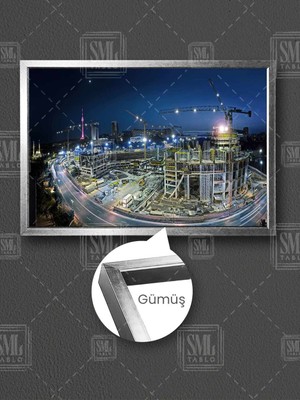 SML Tablo Asfalt Gece Şantiye Alanı Inşaat Building Mühendis Ofis Büro Çerçeveli Yatay Kanvas Tablo