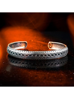 Takılingo 925 Ayar Gümüş Zincir Desenli Vintage Model Açık Cuff Hediye Erkek Bileklik