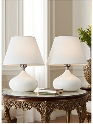 571 Store 2 Adet Elips Masa Abajur Metal Gövde Kumaş Başlık Aydınlatma