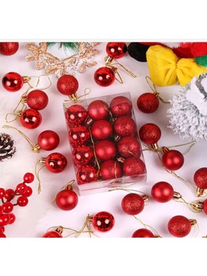 Empressco Parlak 3cm Simli Kırmızı Yılbaşı Topları 24'lü Süs Seti