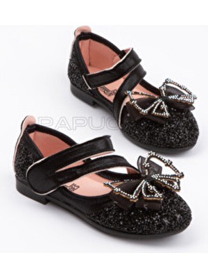 Papuccum Siyah Taşlı Fiyonklu Babet Kız Çocuk İçin Tekstil Malzemeden Düz Tabanlı Şık Ayakkabı
