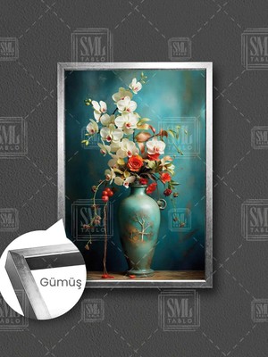SML Tablo Antika Mavi Vazo Beyaz Orkide Çiçeği ve Kırmızı Güller Çerçeveli Dikey Kanvas Tablo