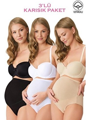 3'lü Paket Lirona 23582 Tam Uyumlu Kadın Pamuk Likralı Yumuşak Hamile Lohusa Yüksek Bel Bato Külot