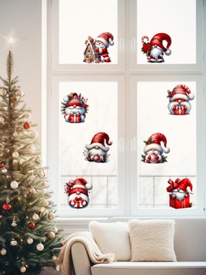 Empressco Yılbaşı Cüceleri Duvar ve Cam Sticker, 15 Cm, 8 Görsel, Kırmızı Renk
