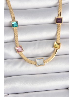 Eco Port 316L Çelik Gold Renk Italyan Zincir Model Kare Renkli Zirkon Taşlı Kadın Kolye