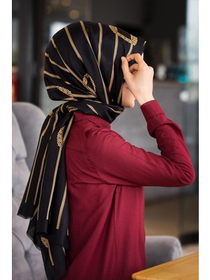 Vissona 100% Ipek Kemer Desenli Siyah - Gold Renkli Şal