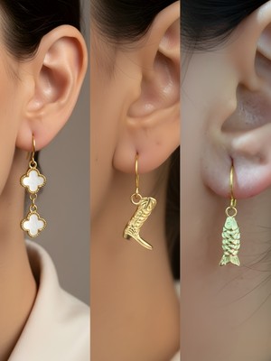 NKT Collection Kovboy Çizmesi Balık Beyaz Yonca Sembol Figürlü 3’lü Kadın Küpe Set