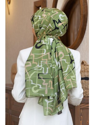 Vissona 100% Ipek Çizgili Desenli Haki Renkli Şal