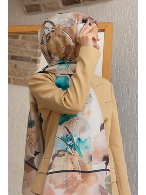 Vissona %100 Ipek Suluboya Çiçek Desenli Bakır - Petrol Yeşili Renkli 92X210 Şal