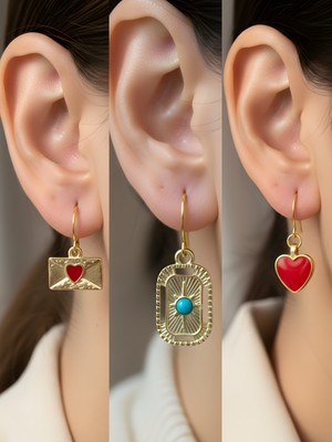 NKT Collection Tablet Kutup Yıldızı Kırmızı Kalp Kalp Zarf Sembol Figürlü 3’lü Kadın Küpe Set