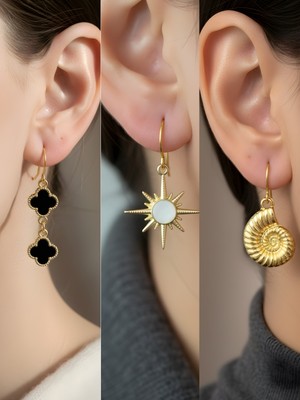 NKT Collection Beyaz Kutup Yıldızı Deniz Kabuğu Siyah Yonca Sembol Figürlü 3’lü Kadın Küpe Set