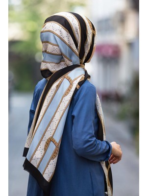 Vissona 100% Ipek Kemer Desenli Buz Mavisi - Siyah Renkli Şal