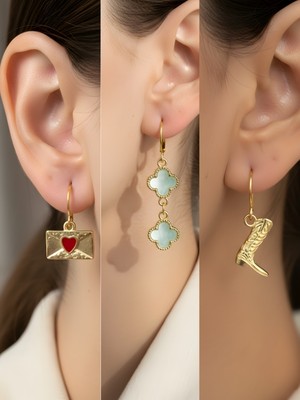 NKT Collection Kovboy Çizmesi Turkuaz Yonca Kalp Zarf Sembol Figürlü 3’lü Kadın Küpe Set