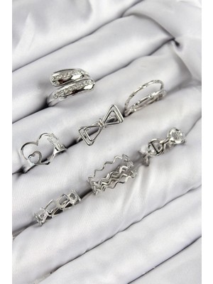 Eco Port Pirinç Zirkon Taşlı Fiyonk ve Kalp Model Gümüş Renk Kadın Yüzük Kombin Set