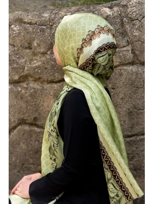 Vissona %100 Ipek Yaprak Desenli Su Yeşili - Gold Renkli 92X210 Şal