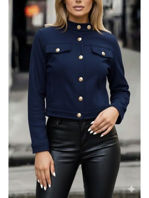 Ahes Shopping Kadın Uzun Kollu Yakadan ve Önden Düğmeli Süet Kısa Ceket