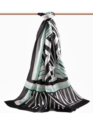 Vissona %100 Ipek Yelpaze Desenli Su Yeşili - Siyah Renkli 92X210 Şal