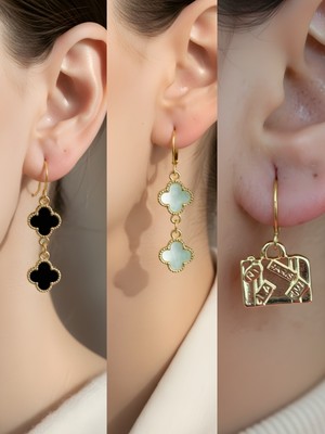 NKT Collection Bavul Siyah Yonca Turkuaz Yonca Sembol Figürlü 3’lü Kadın Küpe Set