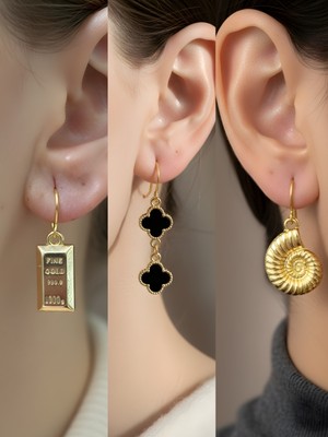 NKT Collection Deniz Kabuğu Siyah Yonca Külçe Altın Sembol Figürlü 3’lü Kadın Küpe Set