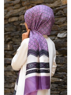 Vissona %100 Ipek Etnik Desenli Lila - Krem Renkli 92X210 Şal
