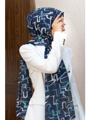 Vissona 100% Ipek Çizgili Desenli Lacivert - Indigo Renkli Şal