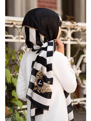 Vissona %100 Ipek Çizgili ve Varak Desenli Siyah - Krem Renkli 92X210 Şal