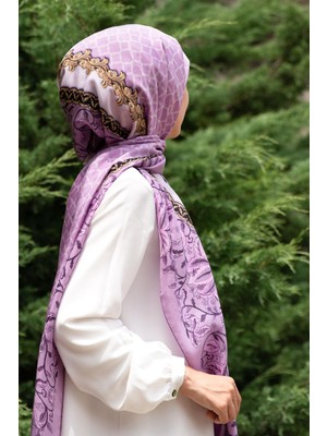 Vissona %100 Ipek Yaprak Desenli Lila - Gold Renkli 92X210 Şal