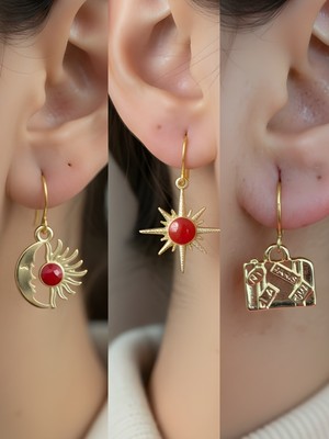 NKT Collection Bavul Kırmızı Kutup Yıldızı Ay Güneş Sembol Figürlü 3’lü Kadın Küpe Set