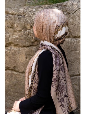 Vissona %100 Ipek Yaprak Desenli Bej - Gold Renkli 92X210 Şal