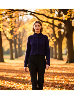 Benerly Kadın Dik Yaka Fitilli Dokuma Crop Oversize Triko Hırka Düşük Kol Rahat Kesim Günlük Şıklık