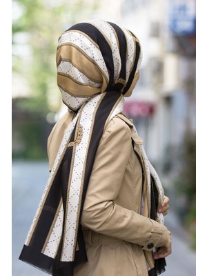 Vissona 100% Ipek Kemer Desenli Bej - Siyah Renkli Şal