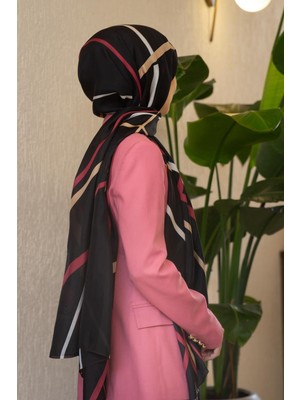 Vissona 100% Ipek Çizgi Desenli Siyah - Bordo Renkli Şal