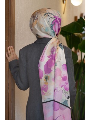 Vissona %100 Ipek Suluboya Çiçek Desenli Mürdüm Renkli 92X210 Şal