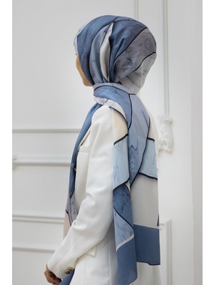 Vissona 100% Ipek Mermer Desenli Indigo - Gri Renkli Şal