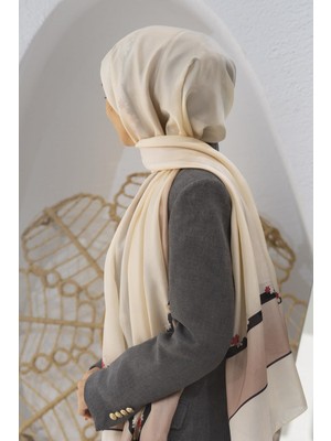 Vissona %100 Ipek Çiçek Desenli Krem Renkli 92X210 Şal