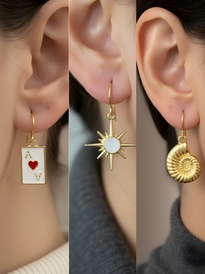 NKT Collection Beyaz Kutup Yıldızı Deniz Kabuğu Kupa As Sembol Figürlü 3’lü Kadın Küpe Set