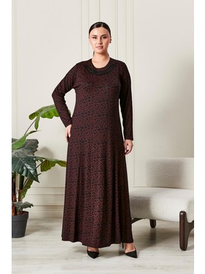 FERACE Kadın Buyuk Beden Yakası Taşlı Penye Elbise