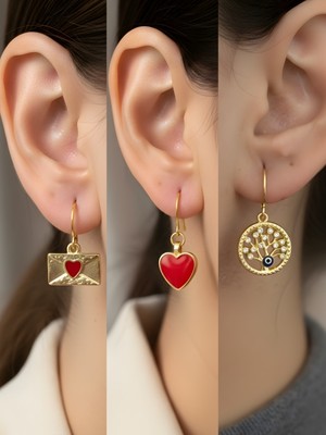 NKT Collection Hayat Ağacı Kırmızı Kalp Kalp Zarf Sembol Figürlü 3’lü Kadın Küpe Set