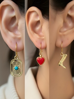 NKT Collection Kovboy Çizmesi Tablet Kutup Yıldızı Kırmızı Kalp Sembol Figürlü 3’lü Kadın Küpe Set