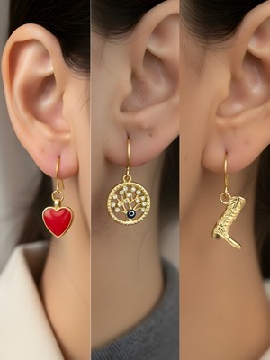 NKT Collection Kovboy Çizmesi Hayat Ağacı Kırmızı Kalp Sembol Figürlü 3’lü Kadın Küpe Set